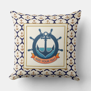 Nautical Ship Wheel and Navy Blue Anchor Pattern Cushion