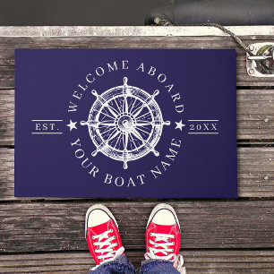 Nautical Ship Wheel Boat Name Welcome Doormat