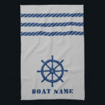 Nautical Ship Wheel Helm Rope Your Boat Name Grey Tea Towel<br><div class="desc">Custom Nautical Ships Wheel Helm and Rope Stripes with Your Personalised Boat Name in Deep Navy Blue on a Stylish Sea Grey Kitchen Towel.</div>