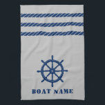 Nautical Ship Wheel Helm Rope Your Boat Name Grey Tea Towel<br><div class="desc">Custom Nautical Ships Wheel Helm and Rope Stripes with Your Personalised Boat Name in Deep Navy Blue on a Stylish Sea Grey Kitchen Towel.</div>