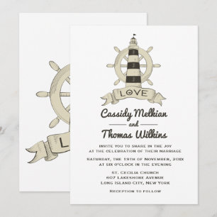 Nautical Ship Wheel Lighthouse Tan Wedding Invitation