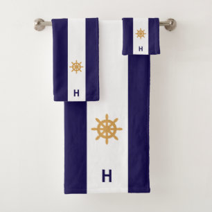 Nautical ship wheel & monogram on blue & white bath towel set