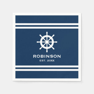 Nautical ship wheel navy blue and white wedding napkin