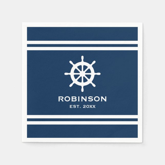 Nautical ship wheel navy blue and white wedding napkin (Front)