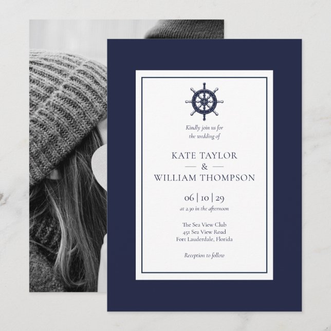 Nautical Ship Wheel Navy Blue Wedding Photo Invitation (Front/Back)