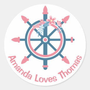 Nautical Ship Wheel Pink Blue Personalised Wedding Classic Round Sticker
