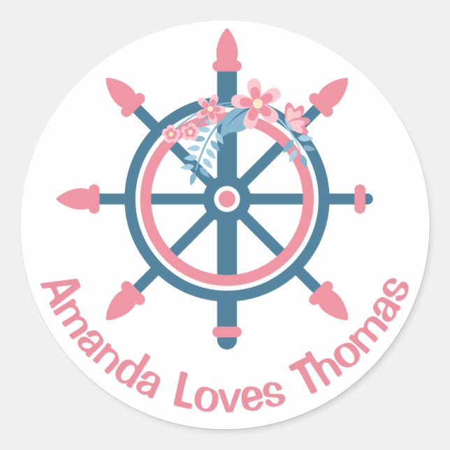 Nautical Ship Wheel Pink Blue Personalised Wedding Classic Round Sticker (Front)