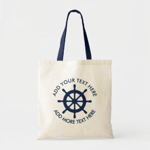 Nautical ship wheel tote bags with custom text