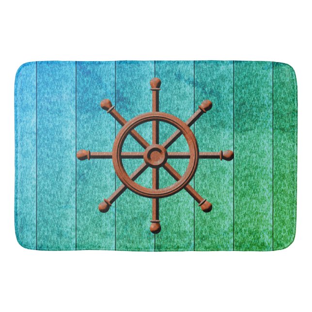 Nautical Ship Wheel Weathered Wood Bath Mat (Front)
