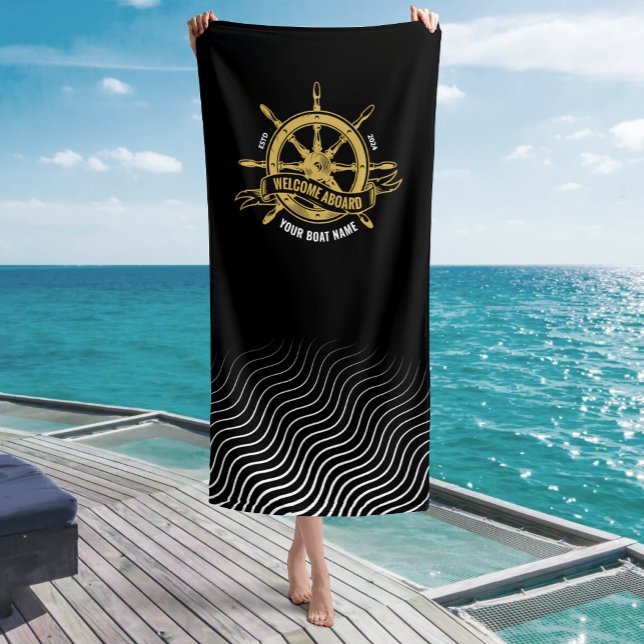 Nautical Ship Wheel Welcome Aboard Black & Gold Beach Towel (Creator Uploaded)