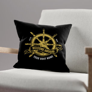 Nautical Ship Wheel Welcome Aboard Black & Gold Cushion
