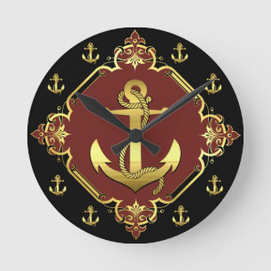 Nautical ship's anchor gold/black silhouette/red round clock