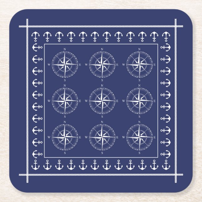 Nautical Ships Compass and Anchors Navy Blue Square Paper Coaster (Front)