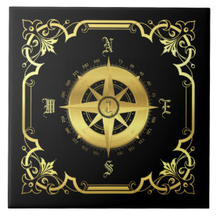 Nautical ship's compass silhouette/gold/black tile