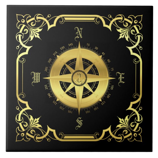 Nautical ship's compass silhouette/gold/black tile (Front)