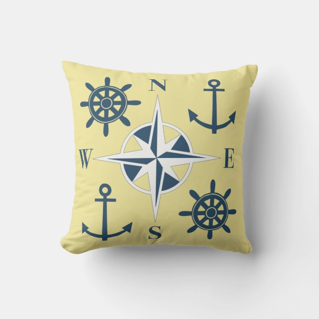 Nautical Ships Helm Compass Anchors Butter Yellow Cushion (Front)