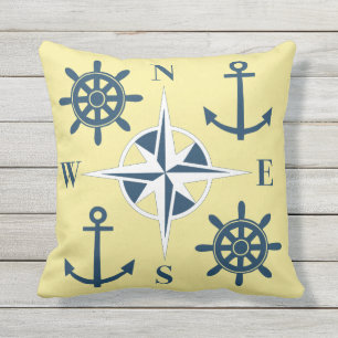 Nautical Ships Helm Compass Anchors Butter Yellow Cushion