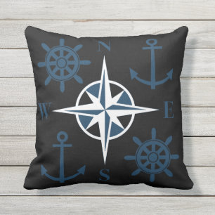 Nautical Ships Helm Compass Anchors Navy Black Cushion