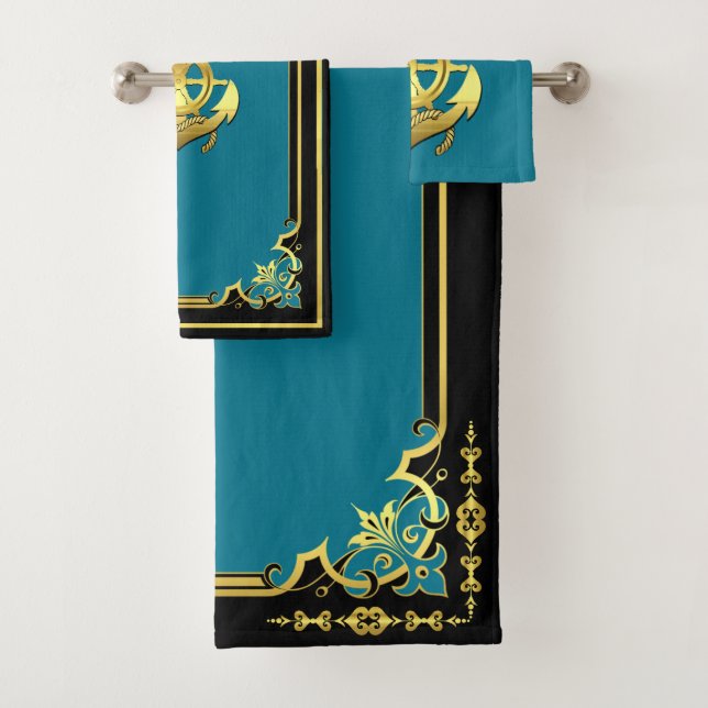 Nautical ship's wheel/anchor aqua-blue/gold  bath  bath towel set (Insitu)
