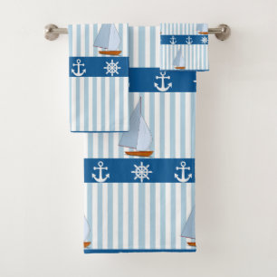 Nautical Ships Wheel Anchor Blue White Stripes Bath Towel Set