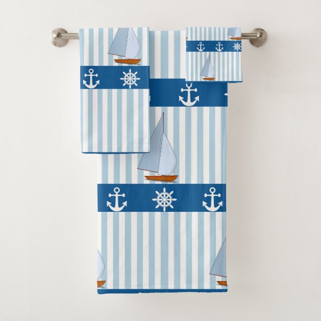 Nautical Ships Wheel Anchor Blue White Stripes Bath Towel Set (Insitu)