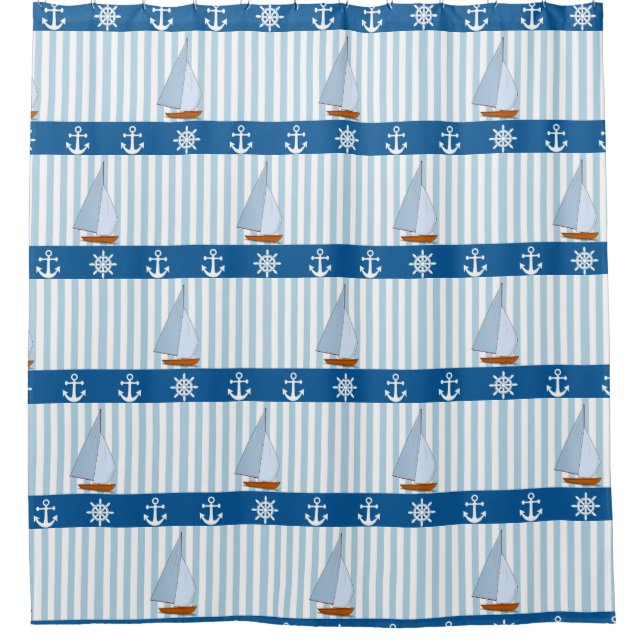 Nautical Ships Wheel Anchor Blue White Stripes Shower Curtain (Front)