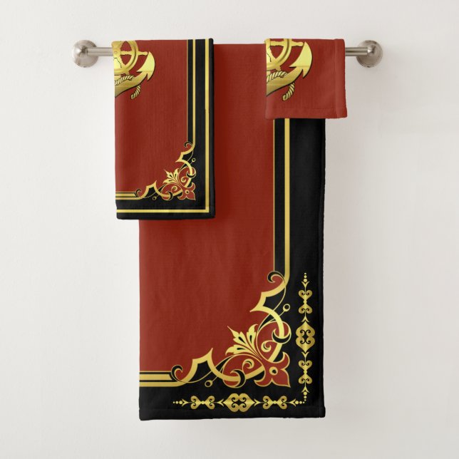 Nautical ship's wheel/anchor brick-red/gold bath towel set (Insitu)