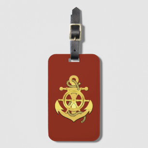 Nautical ship's wheel/anchor brick-red/gold lugg luggage tag