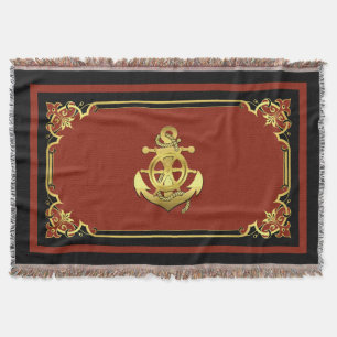 Nautical ship's wheel/anchor brick-red/gold throw blanket