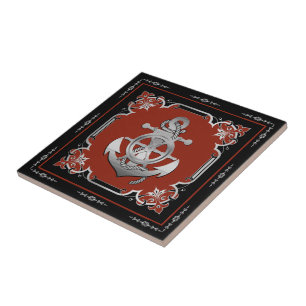 Nautical ship's wheel/anchor brick-red/silver tile