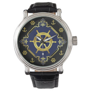 Nautical ship's wheel/anchor /gold/black/navy watch