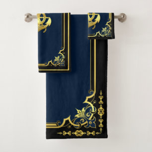 Nautical ship's wheel/anchor navy-blue/gold bath towel set