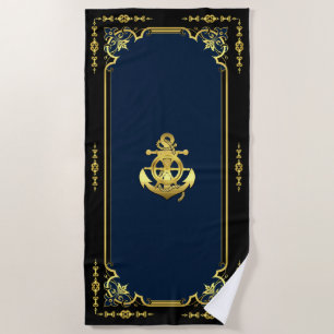 Nautical ship's wheel/anchor navy-blue/gold  beach towel