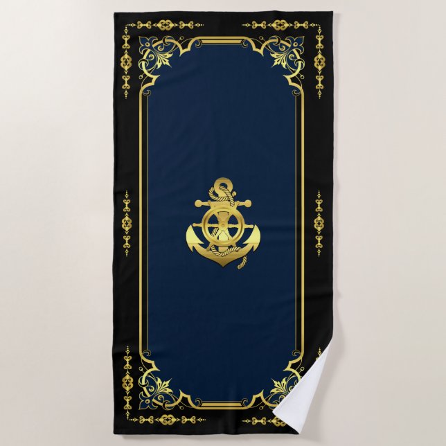 Nautical ship's wheel/anchor navy-blue/gold  beach towel (Front)