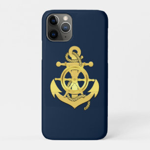 Nautical ship's wheel/anchor navy-blue/gold   iPhone 11 pro case
