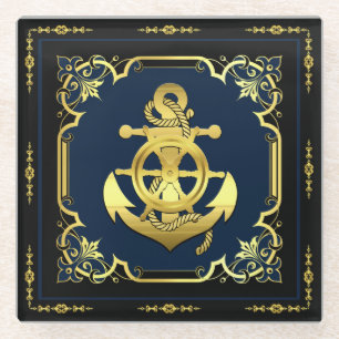 Nautical ship's wheel/anchor navy-blue/gold glass coaster