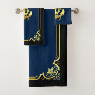 Nautical ship's wheel/anchor navy-blue/gold  hand  bath towel set
