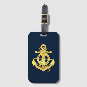 Nautical ship's wheel/anchor navy-blue/gold lug luggage tag
