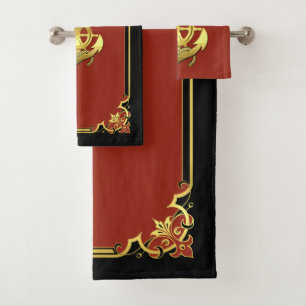 Nautical ship's wheel/anchor rust red/gold hand bath towel set