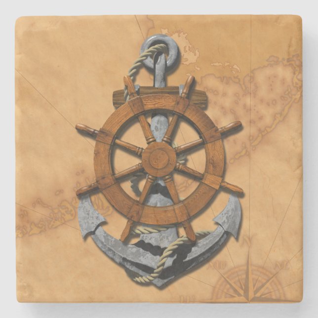 Nautical Ships Wheel And Anchor Stone Coaster (Front)