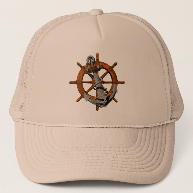Nautical Ships Wheel And Anchor Trucker Hat (Front)