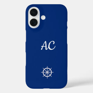Nautical Ships Wheel Blue+White (Personalise) iPhone 16 Case