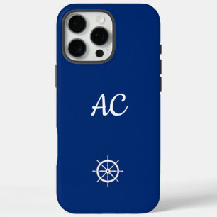 Nautical Ships Wheel Blue+White (Personalise) iPhone 16 Pro Max Case