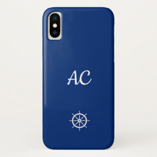 Nautical Ships Wheel Blue+White (Personalise) iPhone X Case