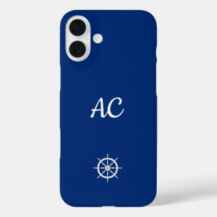 Nautical Ships Wheel Blue+White (Personalise) iPhone 16 Plus Case