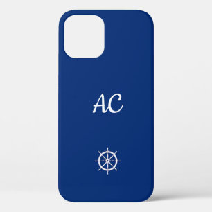 Nautical Ships Wheel Blue+White (Personalise) iPhone 12 Case
