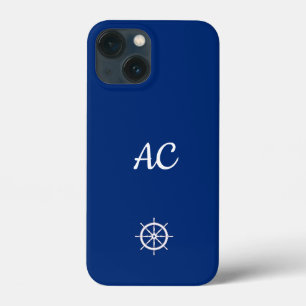 Nautical Ships Wheel Blue+White (Personalize) iPhone 13 Mini Case