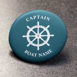 Nautical Ships Wheel Helm Captain Boat Name 6 Cm Round Badge<br><div class="desc">Navy Deep Teal Nautical Ships Wheel - Helm and Your Personalized Boat Name and Customizable Captain Rank Button.</div>