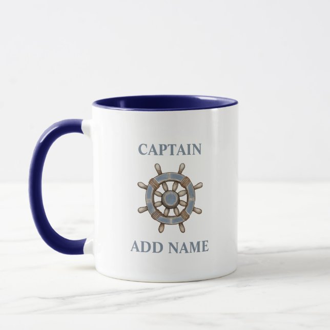 Nautical Ships Wheel Helm Custom Captain Name Mug (Left)