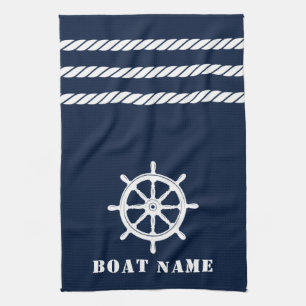 Nautical Ships Wheel Helm Rope Your Boat Name Blue Tea Towel